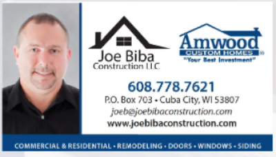 Joe Biba Counstruction LLC Business Card with Joe Biba and contact information